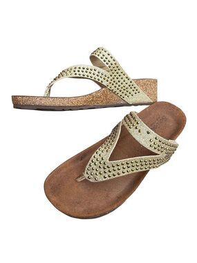 Bio-Gold Gold Glitter Cork Flip Flop Wedge Sandals Bling Gold Studs size 7.5
